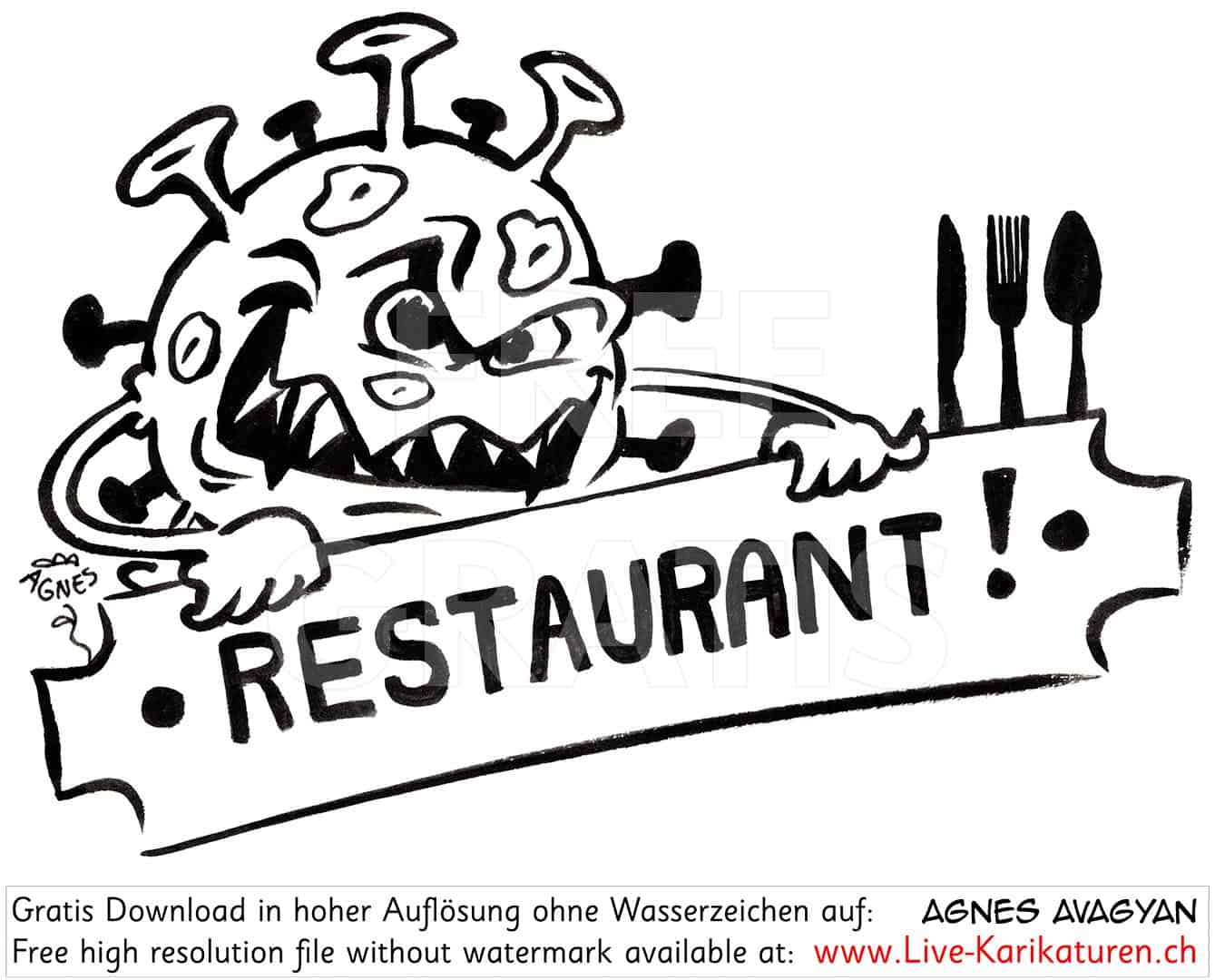 Virus, Corona, Covid-19, Covid19, Gastronomie, Restaurant, Essen, Besteck, geschlossen, Ausfall, Epidemie, Pandemie, 2020, Agnes Live-Karikaturen, Clipart, Comic, Cartoon, Illustration, Cartoon, Comic, Karikatur, Zeichnung, Download, kostenlos, Gratisbild, gratis, free, Kunst, Kuenstler, Live Karikaturist, Comiczeichner, Armenia