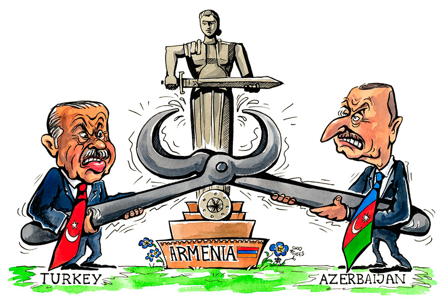 Azerbaijan, Aserbaidschan, İlham Əliyev, Ilham Aliyev, Türkei, Recep Tayyip Erdoğan, Mutter Armenien, Մայր Հայաստան, Majr Hajastan, Armenien, Zange, Krieg, 2020, Clipart, Comic, Cartoon, Illustration, Zeichnung, gratis, free