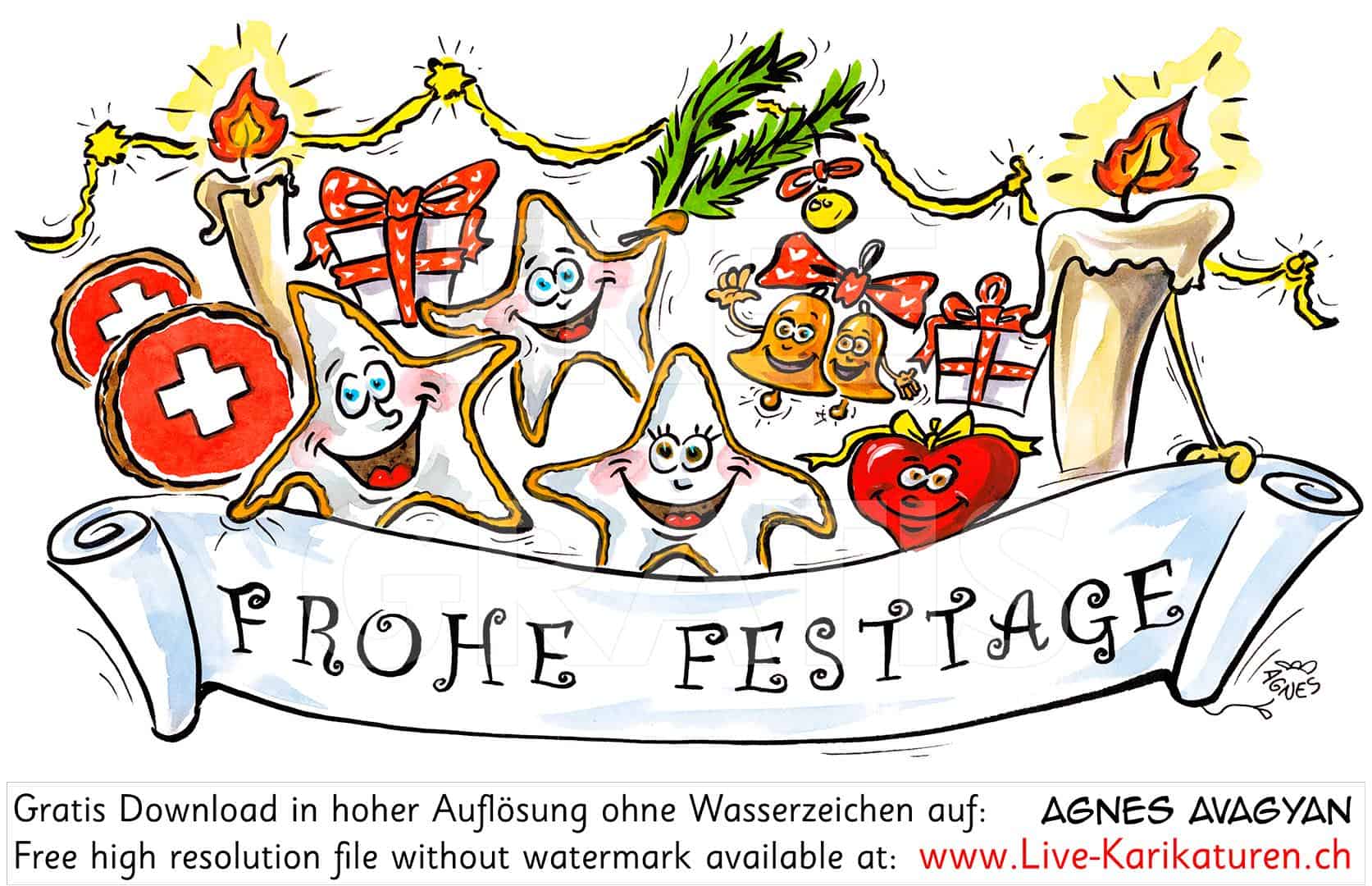 Frohe Festtage Festgruesse Weihnachten Guetzli Tannenzweig Kerze Geschenke Herz Lametta Schweiz Agnes Karikaturen , Clipart, Comic, Cartoon, Illustration, Zeichnung, gratis, free