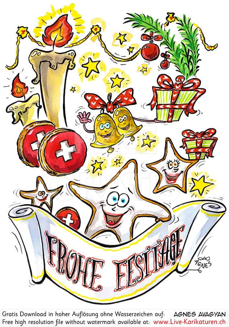 Frohe Festtage Weihnachten X-Mas Guetzli Kerzen Schweizer Kreuz Geschenke Tannenzweig Lametta Glocken Sterne froehlich gute Stimmung Karte Vorlage , Clipart, Comic, Cartoon, Illustration, Zeichnung, gratis, free