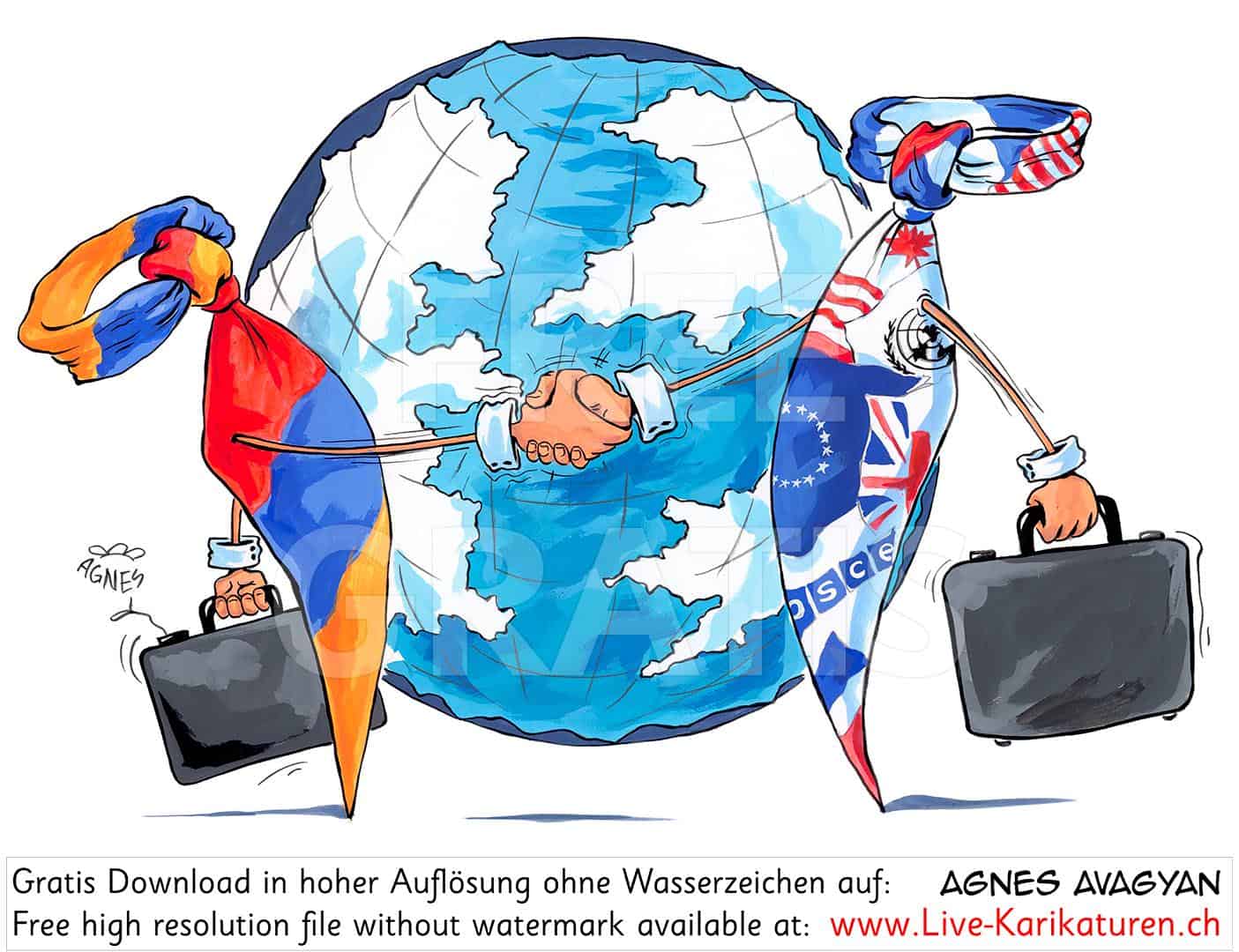 Armenien, OSCE, OSZE, Globus, Weltkugel, Business, Relations, Beziehungen, Zusammenarbeit, Anzug, Kravatte, Aktenkoffer, Welt, Agnes Karikaturen, www.Live-Karikaturen.ch, Live Karikaturistin für Unterhaltung, Künstler, Alleinunterhalter, Hochzeit, Geburtstag, Firmenevent, Geschäftsanlass, Jubiläum, Pensionierung, Geschenkidee, Portraitbild zeichnen