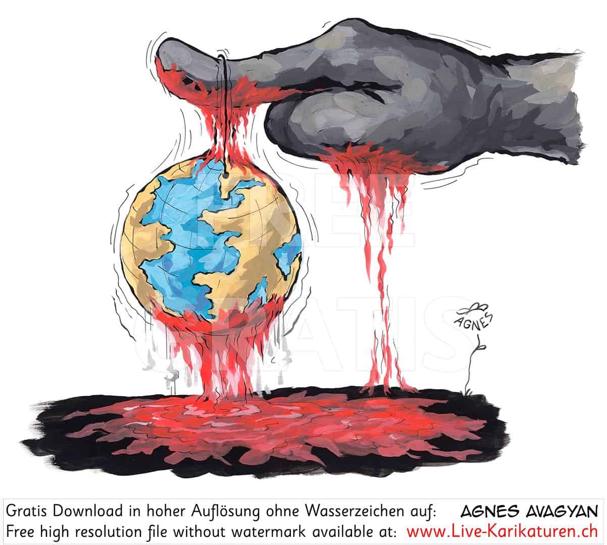 Erdoel, global, Globus, Rohstoffe, schwarz, Hand, Kriege, Blut, Geld, Gier, Geopolitik, Agnes Karikaturen, www.Live-Karikaturen.ch, Live Karikaturistin für Unterhaltung, Künstler, Alleinunterhalter, Hochzeit, Geburtstag, Firmenevent, Geschäftsanlass, Jubiläum, Pensionierung, Geschenkidee, Portraitbild zeichnen