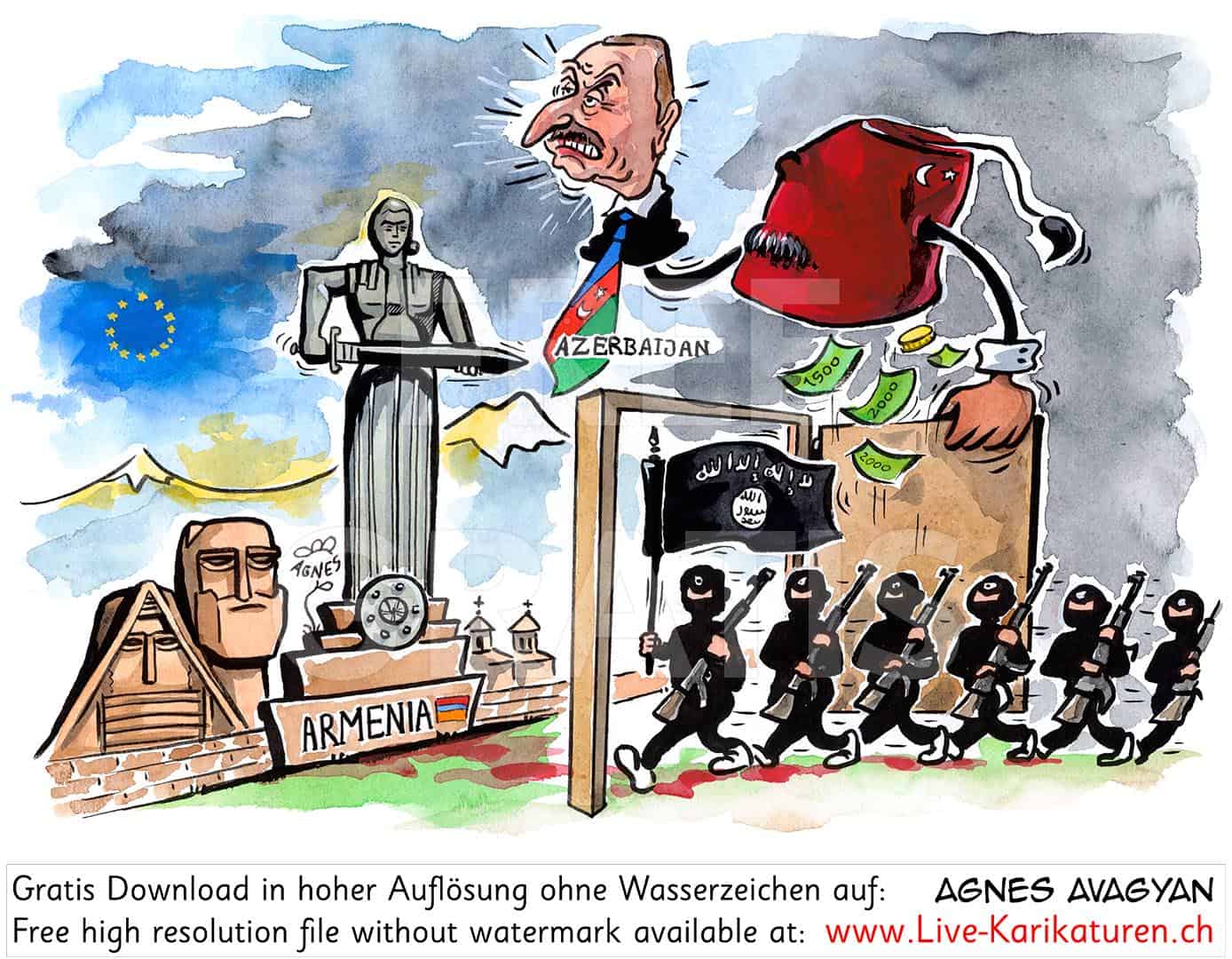 Aserbaidschan, Tuerkei, Armenien, Islamisten, islamischer Staat, 2020, Krieg, Mutter Armenenien, Ararat, EU, IS, Geld, Soeldner, Agnes Karikaturen, www.Live-Karikaturen.ch, Live Karikaturistin für Unterhaltung, Künstler, Alleinunterhalter, Hochzeit, Geburtstag, Firmenevent, Geschäftsanlass, Jubiläum, Pensionierung, Geschenkidee, Portraitbild zeichnen