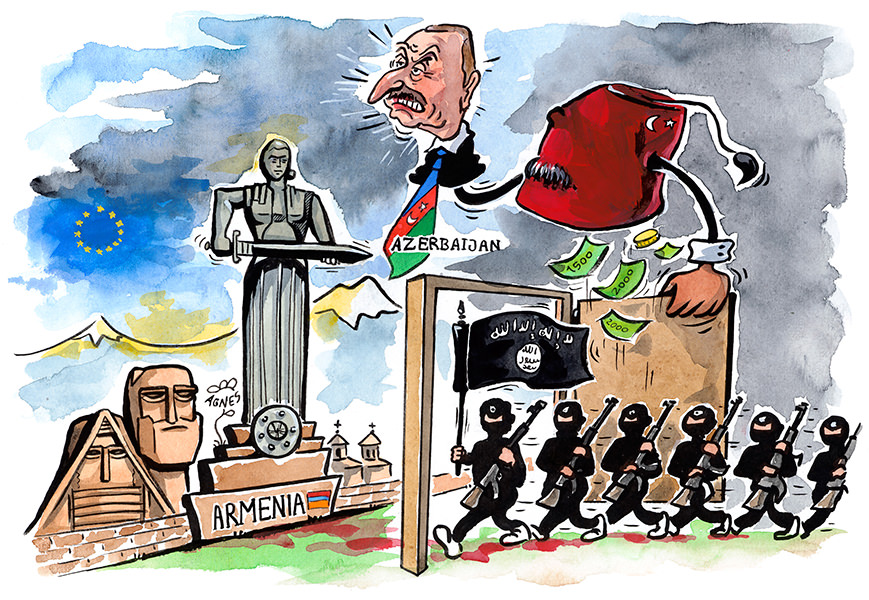 Aserbaidschan, Tuerkei, Armenien, Islamisten, islamischer Staat, 2020, Krieg, Mutter Armenenien, Ararat, EU, IS, Geld, Soeldner, Agnes Karikaturen, www.Live-Karikaturen.ch, Live Karikaturistin für Unterhaltung, Künstler, Alleinunterhalter, Hochzeit, Geburtstag, Firmenevent, Geschäftsanlass, Jubiläum, Pensionierung, Geschenkidee, Portraitbild zeichnen