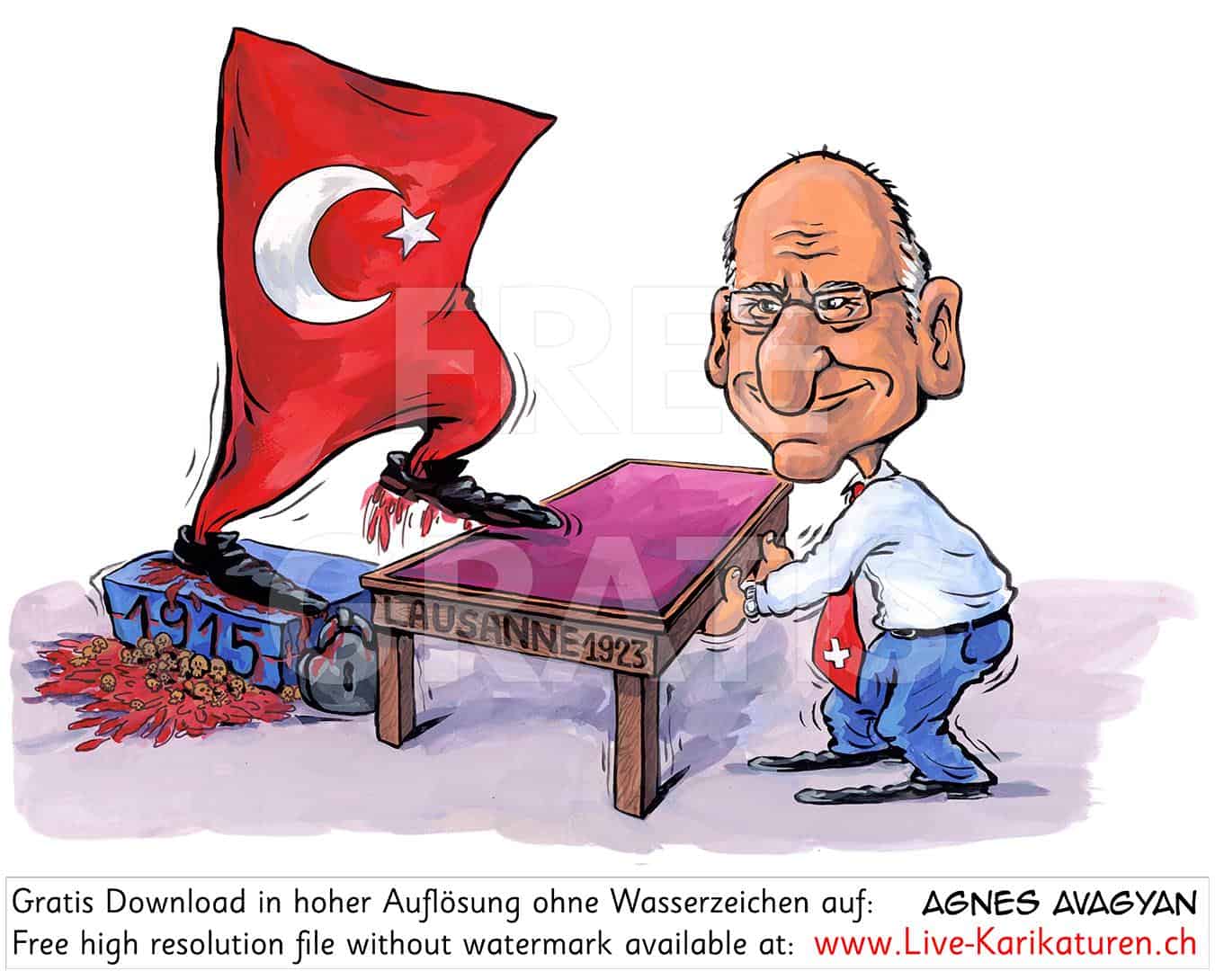 Tuerkei, Vertrag von Lausanne, 1923, Bundesrat Couchepin, Sèvres, symbolisches Geschenk, 2008, Vertrag von Montreux, Schweiz, Agnes Karikaturen, www.Live-Karikaturen.ch, Live Karikaturistin für Unterhaltung, Künstler, Alleinunterhalter, Hochzeit, Geburtstag, Firmenevent, Geschäftsanlass, Jubiläum, Pensionierung, Geschenkidee, Portraitbild zeichnen