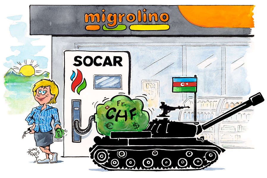 Aserbaidschan, Krieg, Socar, Panzer, Schweiz, Partnerschaft, Finanzierung, Tankstelle Migrolino, Migros, Schweizer Franken, Künstler Alleinunterhalter Agnes Karikaturen