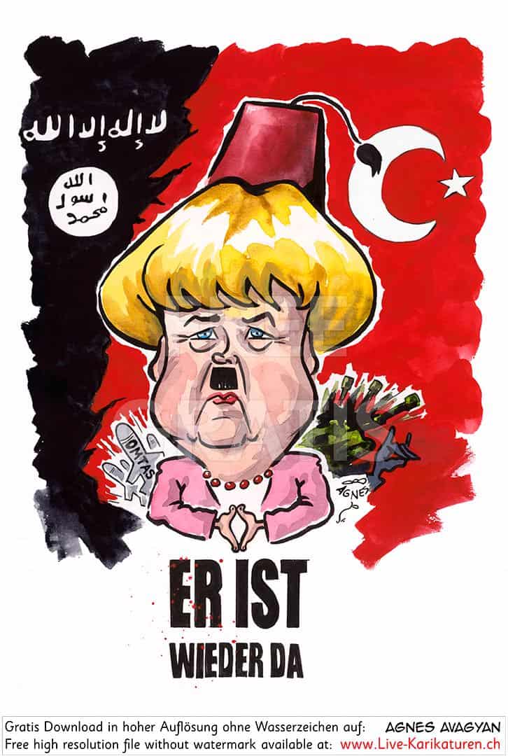 Bundeskanzlerin Angela Merkel, mit Hitlerschnauz, rote Tuerkeiflagge, Flagge islamischer Staat, deutsche Ruestung, Kriegswaffen, Waffenexporte, Er ist wieder da, Raute Hand, Tuerkischer Hut, Fez, Armenien, Krieg, Aserbaidschan, Agnes Karikaturen, www.Live-Karikaturen.ch, Live Karikaturistin für Unterhaltung, Künstler, Alleinunterhalter, Hochzeit, Geburtstag, Firmenevent, Geschäftsanlass, Jubiläum, Pensionierung, Geschenkidee, Portraitbild zeichnen