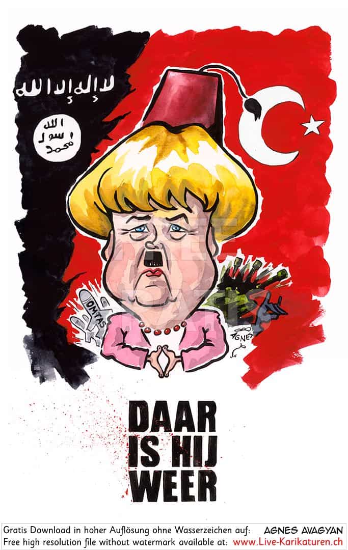 Daar is hij weer Bundeskanzlerin Angela Merkel, mit Hitlerschnauz, rote Tuerkeiflagge, Flagge islamischer Staat, deutsche Ruestung, Kriegswaffen, Waffenexporte, Er ist wieder da, Raute Hand, Tuerkischer Hut, Fez, Armenien, Krieg, Aserbaidschan, Agnes Karikaturen, www.Live-Karikaturen.ch, Live Karikaturistin für Unterhaltung, Künstler, Alleinunterhalter, Hochzeit, Geburtstag, Firmenevent, Geschäftsanlass, Jubiläum, Pensionierung, Geschenkidee, Portraitbild zeichnen