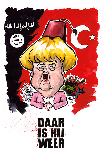 Daar is hij weer Bundeskanzlerin Angela Merkel, mit Hitlerschnauz, rote Tuerkeiflagge, Flagge islamischer Staat, deutsche Ruestung, Kriegswaffen, Waffenexporte, Er ist wieder da, Raute Hand, Tuerkischer Hut, Fez, Armenien, Krieg, Aserbaidschan, Agnes Karikaturen, www.Live-Karikaturen.ch, Live Karikaturistin für Unterhaltung, Künstler, Alleinunterhalter, Hochzeit, Geburtstag, Firmenevent, Geschäftsanlass, Jubiläum, Pensionierung, Geschenkidee, Portraitbild zeichnen