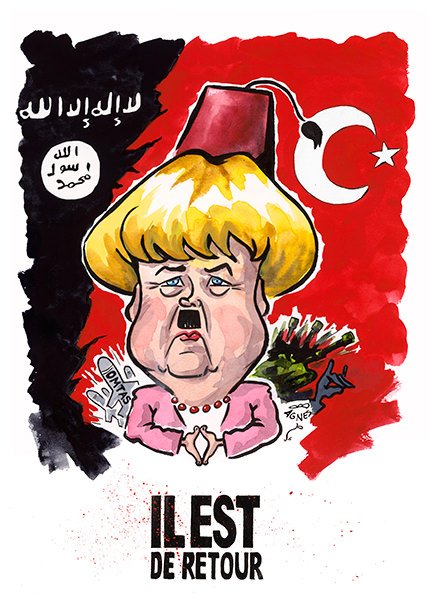 il est de retour, Bundeskanzlerin Angela Merkel, mit Hitlerschnauz, rote Tuerkeiflagge, Flagge islamischer Staat, deutsche Ruestung, Kriegswaffen, Waffenexporte, Er ist wieder da, Raute Hand, Tuerkischer Hut, Fez, Armenien, Krieg, Aserbaidschan, Agnes Karikaturen, www.Live-Karikaturen.ch, Live Karikaturistin für Unterhaltung, Künstler, Alleinunterhalter, Hochzeit, Geburtstag, Firmenevent, Geschäftsanlass, Jubiläum, Pensionierung, Geschenkidee, Portraitbild zeichnen