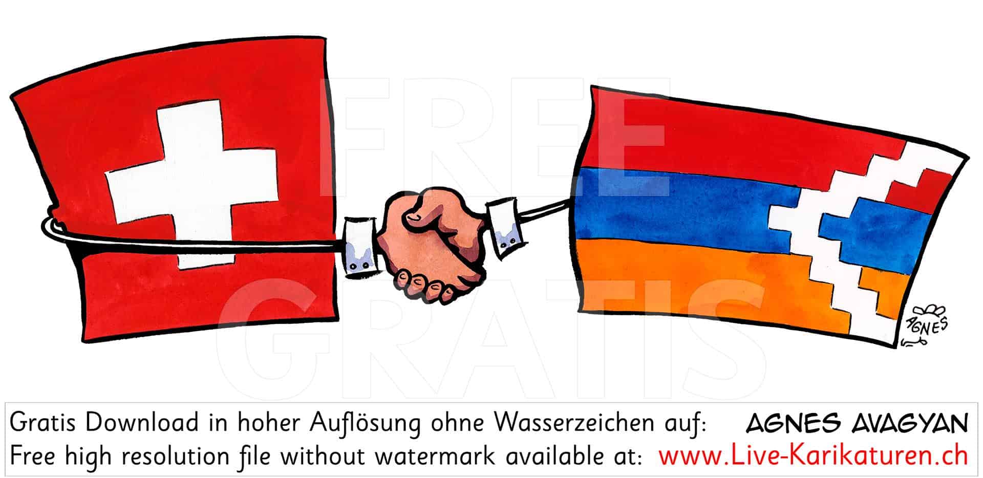 Schweiz, Nagorny Nagorno Karabach Karabakh Arzach, Anerkennung, Recognize, Schweizer Flagge, Handschlag, Haendedruck, Armenien, Agnes Karikaturen