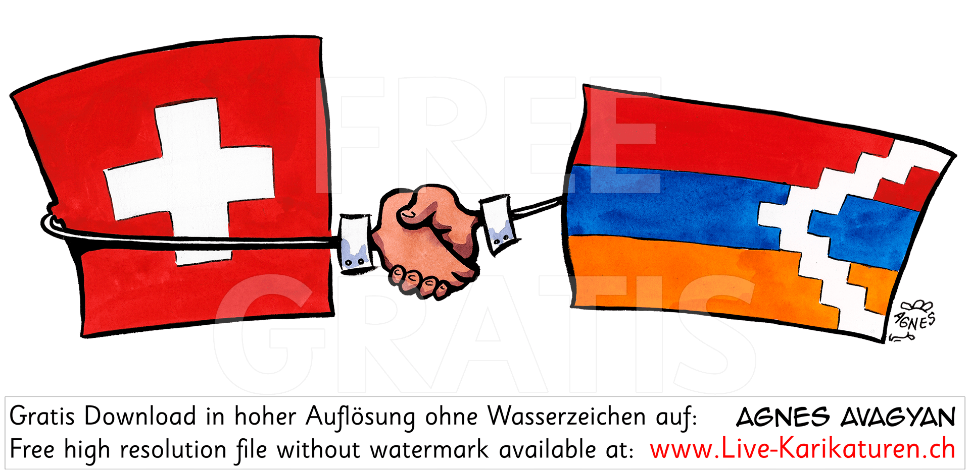 Schweiz, Nagorny Nagorno Karabach Karabakh Arzach, Anerkennung, Recognize, Schweizer Flagge, Handschlag, Haendedruck, Armenien, Agnes Karikaturen, transparent, freigestellt, ohne Hintergrund