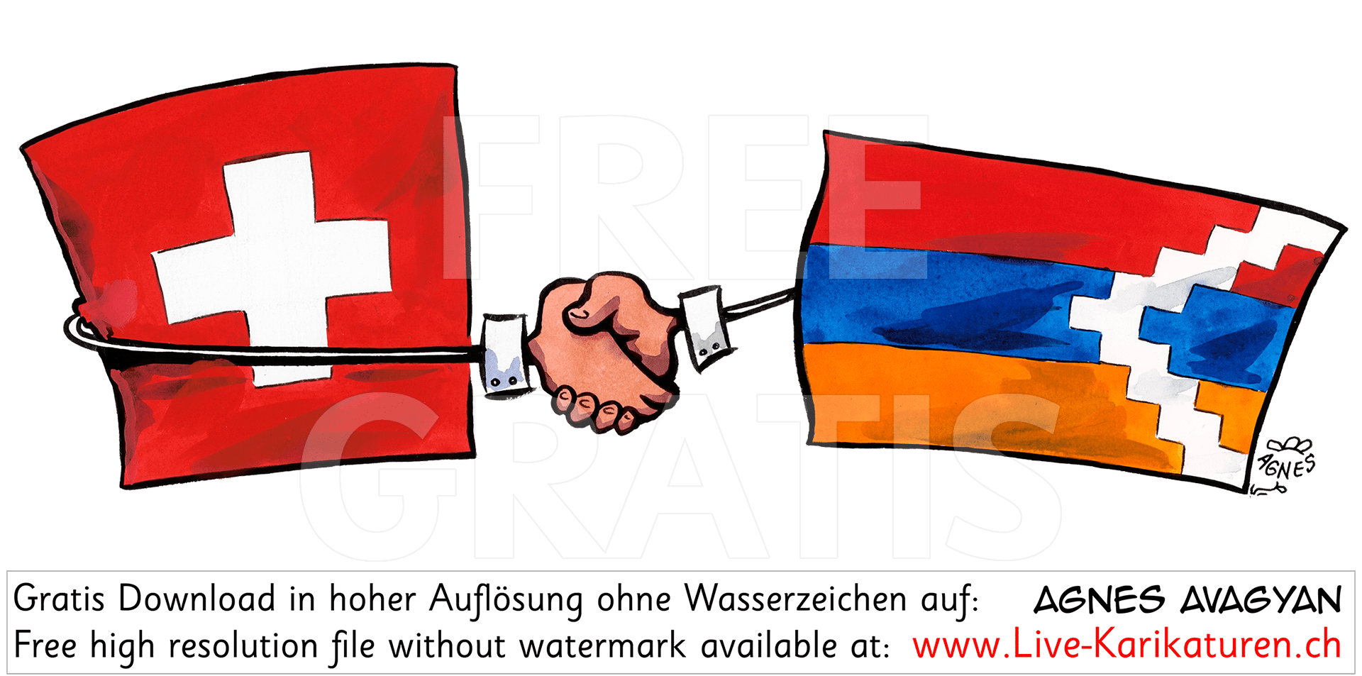 Schweiz, Nagorny Nagorno Karabach Karabakh Arzach, Anerkennung, Recognize, Schweizer Flagge, Handschlag, Haendedruck, Armenien, Agnes Karikaturen, transparent, freigestellt, ohne Hintergrund