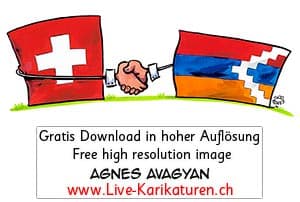 Schweiz, Nagorny Nagorno Karabach Karabakh Arzach, Anerkennung, Recognize, Schweizer Flagge, Handschlag, Haendedruck, Armenien, Agnes Karikaturen, gruene Wiese, Hoffnung