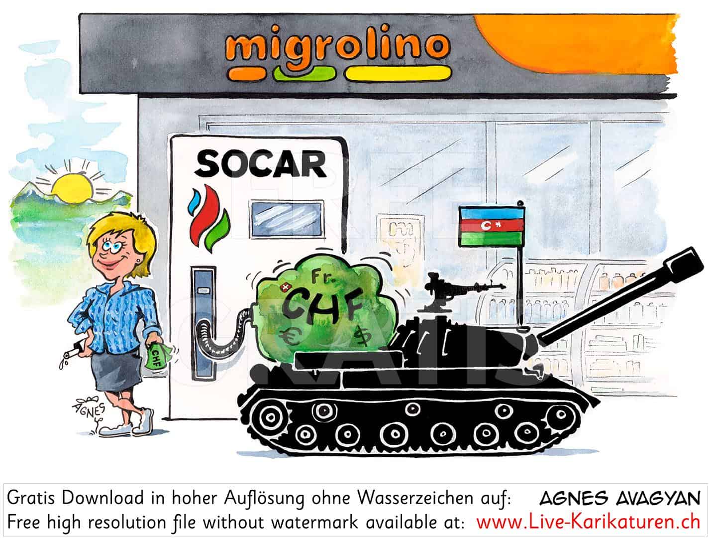 Aserbaidschan, Krieg, Socar, Panzer, Schweiz, Partnerschaft, Finanzierung, Tankstelle Migrolino, Migros, Schweizer Franken, Künstler Alleinunterhalter Agnes Karikaturen