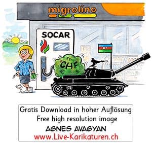 Aserbaidschan, Krieg, Socar, Panzer, Schweiz, Partnerschaft, Finanzierung, Tankstelle Migrolino, Migros, Schweizer Franken, Künstler Alleinunterhalter Agnes Karikaturen