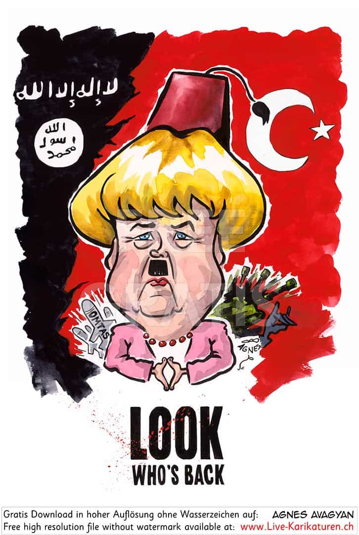 Bundeskanzlerin Angela Merkel, mit Hitlerschnauz, rote Tuerkeiflagge, Flagge islamischer Staat, deutsche Ruestung, Kriegswaffen, Waffenexporte, Er ist wieder da, Raute Hand, Tuerkischer Hut, Fez, Armenien, Krieg, Aserbaidschan, Agnes Karikaturen, www.Live-Karikaturen.ch, Live Karikaturistin für Unterhaltung, Künstler, Alleinunterhalter, Hochzeit, Geburtstag, Firmenevent, Geschäftsanlass, Jubiläum, Pensionierung, Geschenkidee, Portraitbild zeichnen
