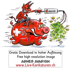 SOCAR, Socar Trading, Erdöl, Gas, Aserbaidschan, Armenien, Karabach, Kriegsangriff, Genozid, Dikatorendeals, Konzerninitiative, Vernichtungskrieg, Finanzierung, Terrorfinanzierung, Geldgier, Ethik, Unternehmensethik, Firmenethik, Moral, Werte, Wirtschaft, Genf, Schwein, Sparschwein, Geld, Franken, Dollar, Schweizer Kreuz, Verantwortung, rennen, Zunge, Teufel, Satan, Böse, Agnes Karikaturen, www.Live-Karikaturen.ch, Live Karikaturistin für Unterhaltung, Künstler, Alleinunterhalter, Hochzeit, Geburtstag, Firmenevent, Geschäftsanlass, Jubiläum, Pensionierung, Geschenkidee, Portraitbild zeichnen