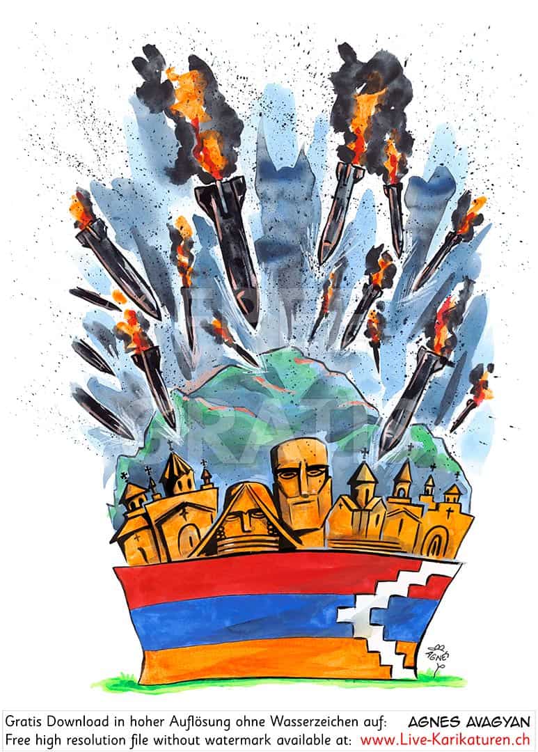 Nagorny Nagorno Karabach Karabakh Arzach, Christenverfolgung, Bombardierung Kirchen, Aserbaidschan, Krieg, Zerstoerung, Christian Prosecution, Anerkennung, Recognize, Armenien, Agnes Karikaturen, www.Live-Karikaturen.ch, Live Karikaturistin für Unterhaltung, Künstler, Alleinunterhalter, Hochzeit, Geburtstag, Firmenevent, Geschäftsanlass, Jubiläum, Pensionierung, Geschenkidee, Portraitbild zeichnen