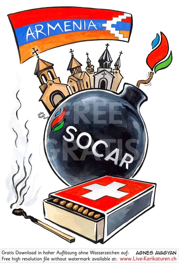 SOCAR, Schweiz, Aserbaidschan, Arzach Karabach, Artsakh, Armenien, armenische apostolische Kirche, altorientalische Kirche, Bombe, Zerstoerung, Streichholz, Zuendholz, Rauch, Explosion, zuendeln, Dikatatorengeschaefte, Ethik, Wirtschaft, Partnerschaft, Flagge, Kreuz, Nagorno, Karabachkrieg 2020, Konzern-Initiative, Agnes Karikaturen, Event, Fotos, Alleinunterhalter, Unterhaltung, Kunst, Kunsthandwerk, Firmenevent, Geschaeftsessen, Geburtstag, Hochzeit, Firmenevent, Geschenkidee, Hochzeit, Jubilaeum, Kuenstler, Live Karikaturist, Pensionierung, Messeanimation, Portraitbild zeichnen, Showkuenstler, Entertainer, Schnellzeichner, Comiczeichner, Armenian Artist from Yerevan