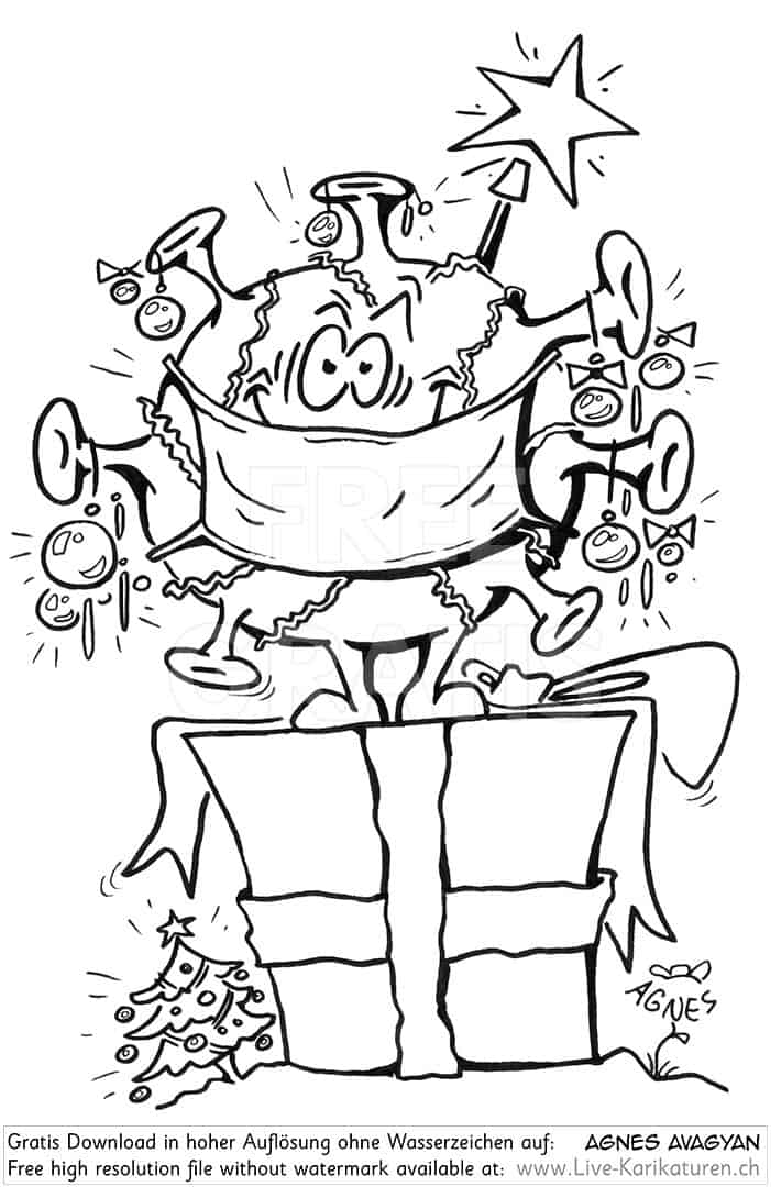 Corona, Covid19, Weihnachten, Christmas, Xmas, Feststage, 24 Dezember, Geschenke, Lametta, Weihnachtsdekoration, lustig, Fun, Character, Cartoon, Comic, Clipart, schwarzweiss, Zeichnung, Illustration, Bild, gratis, Toon, Maske, Maskenpflicht, 2020. Virus, Pandemie, Krankheit, Agnes Karikaturen, Event, Unterhaltung, Kunst, Kunsthandwerk, Firmenevent, Geschaeftsessen, Geburtstag, Hochzeit, Firmenevent, Geschenkidee, Hochzeit