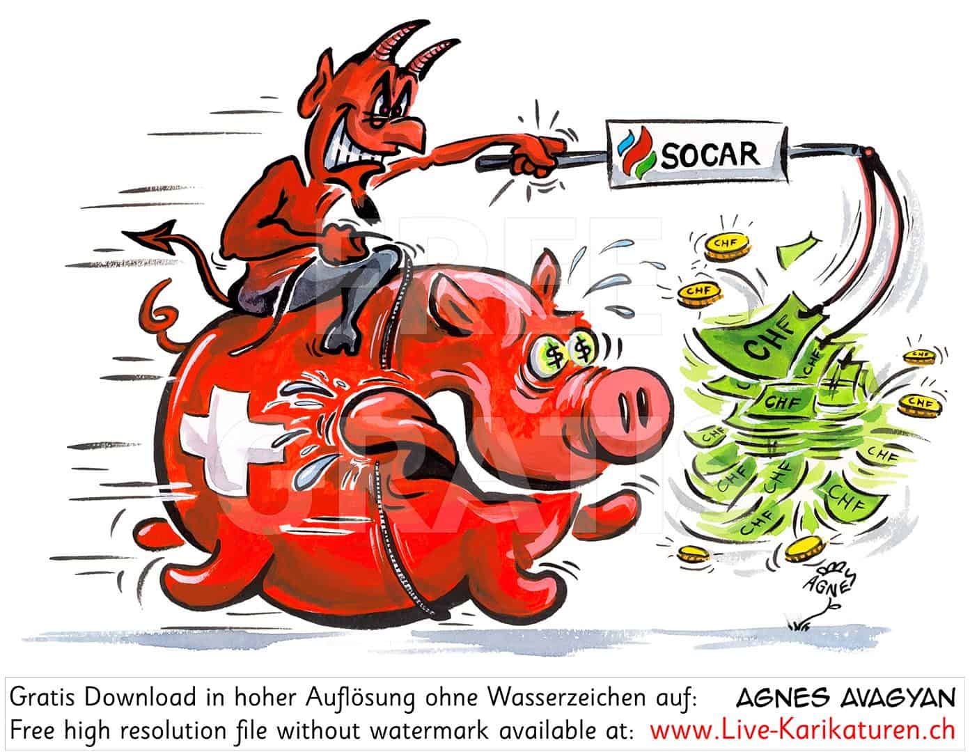 SOCAR, Socar Trading, Erdöl, Gas, Aserbaidschan, Armenien, Karabach, Kriegsangriff, Genozid, Dikatorendeals, Konzerninitiative, Vernichtungskrieg, Finanzierung, Terrorfinanzierung, Geldgier, Ethik, Unternehmensethik, Firmenethik, Moral, Werte, Wirtschaft, Genf, Schwein, Sparschwein, Geld, Franken, Dollar, Schweizer Kreuz, Verantwortung, rennen, Zunge, Teufel, Satan, Böse, Agnes Karikaturen, www.Live-Karikaturen.ch, Live Karikaturistin für Unterhaltung, Künstler, Alleinunterhalter, Hochzeit, Geburtstag, Firmenevent, Geschäftsanlass, Jubiläum, Pensionierung, Geschenkidee, Portraitbild zeichnen