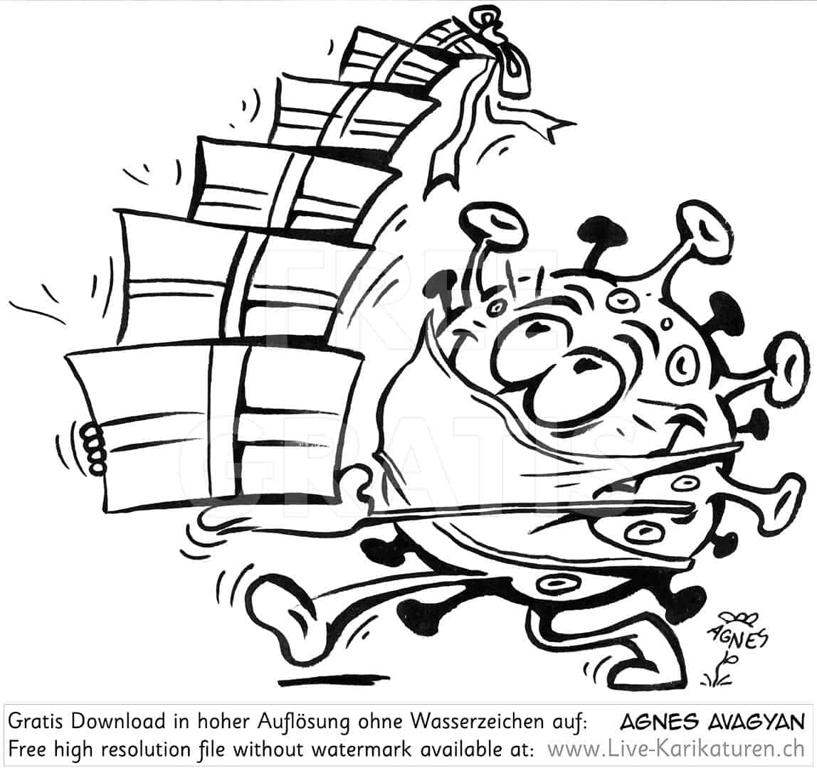 Corona, Covid19, Weihnachten, Christmas, Xmas, Feststage, 24 Dezember, Geschenke, Lametta, Weihnachtsdekoration, lustig, Fun, Character, Cartoon, Comic, Clipart, schwarzweiss, Zeichnung, Illustration, Bild, gratis, Toon, Maske, Maskenpflicht, 2020. Virus, Pandemie, Krankheit, Agnes Karikaturen, Event, Unterhaltung, Kunst, Kunsthandwerk, Firmenevent, Geschaeftsessen, Geburtstag, Hochzeit, Firmenevent, Geschenkidee, Hochzeit