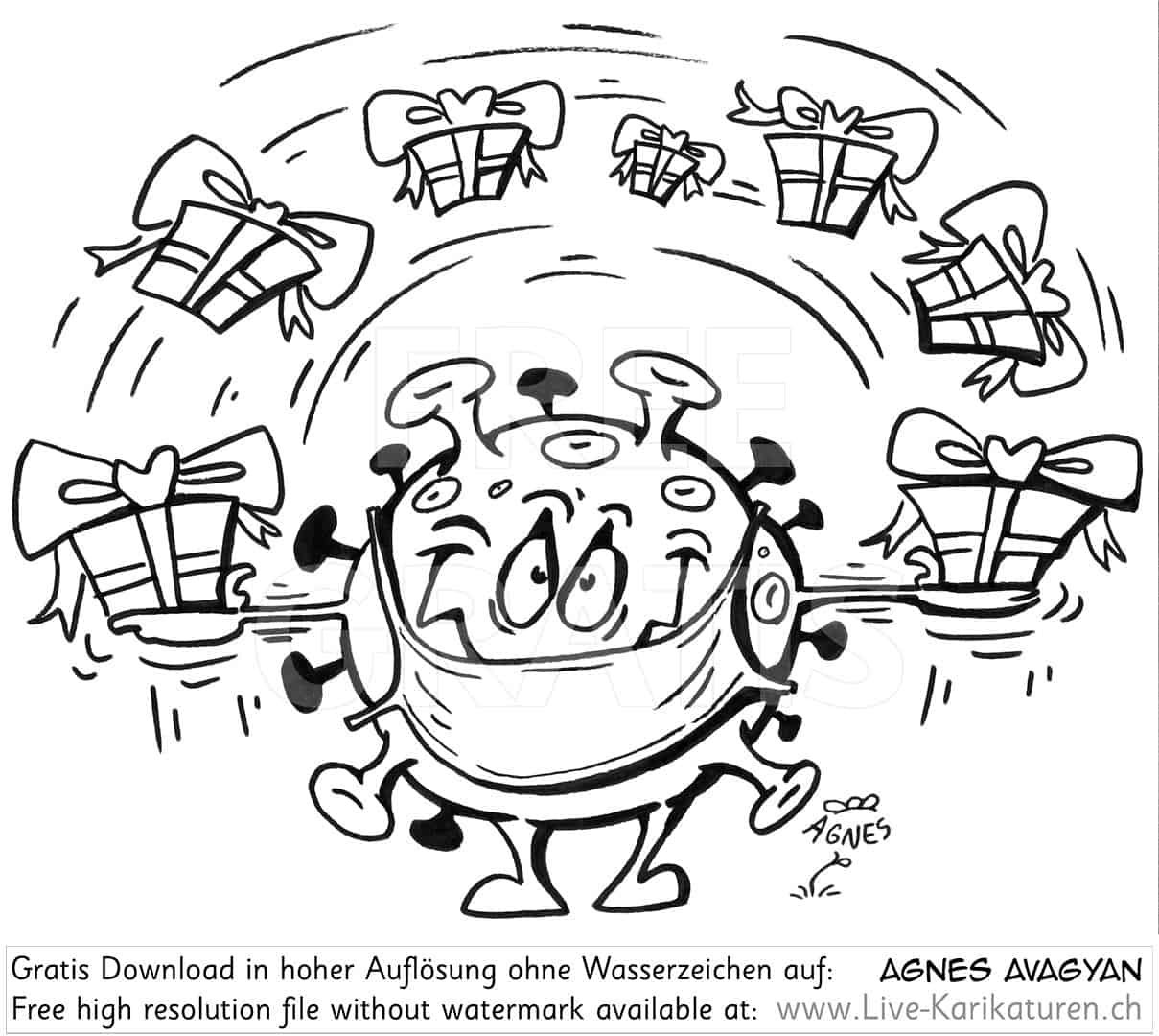 Corona, Covid19, Weihnachten, Christmas, Xmas, Feststage, 24 Dezember, Geschenke, Lametta, Weihnachtsdekoration, lustig, Fun, Character, Cartoon, Comic, Clipart, schwarzweiss, Zeichnung, Illustration, Bild, gratis, Toon, Maske, Maskenpflicht, 2020. Virus, Pandemie, Krankheit, Agnes Karikaturen, Event, Unterhaltung, Kunst, Kunsthandwerk, Firmenevent, Geschaeftsessen, Geburtstag, Hochzeit, Firmenevent, Geschenkidee, Hochzeit