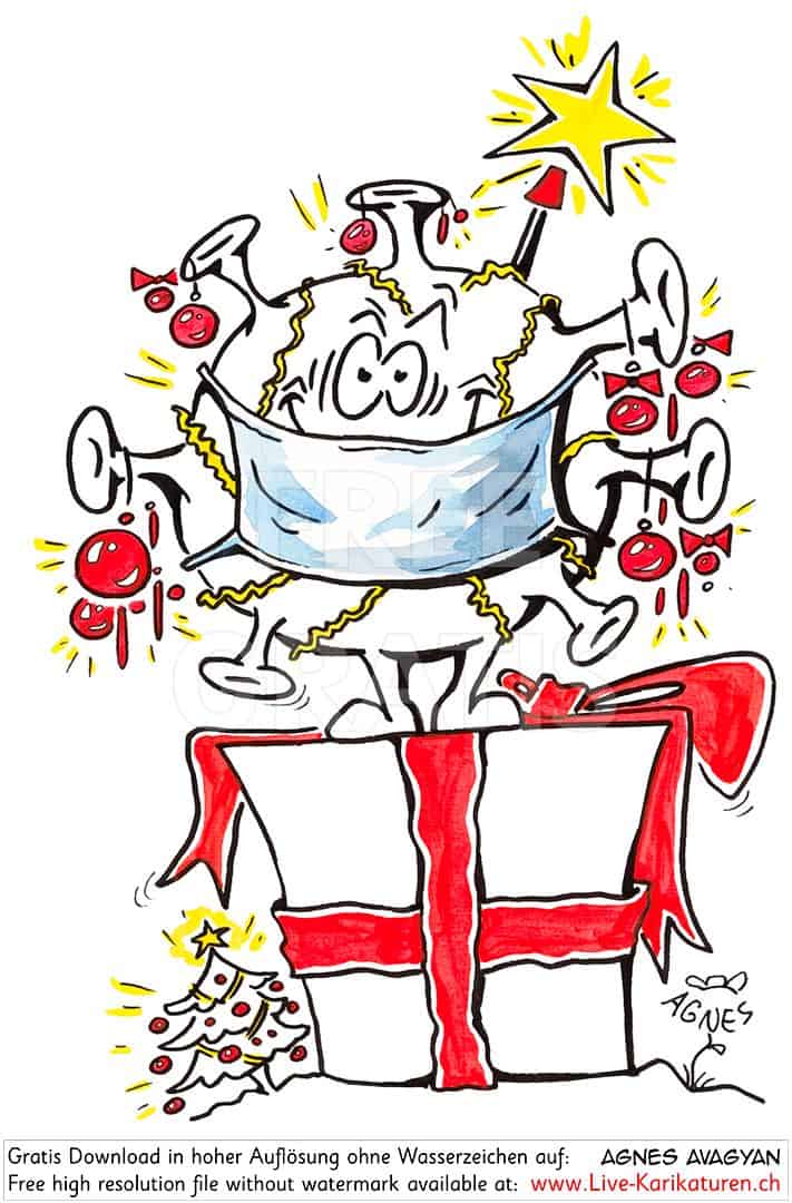 Corona, Covid19, Weihnachten, Christmas, Xmas, Feststage, 24 Dezember, Geschenke, Lametta, Weihnachtsdekoration, lustig, Fun, Character, Cartoon, Comic, Clipart, schwarzweiss, Zeichnung, Illustration, Bild, gratis, Toon, Maske, Maskenpflicht, Virus, Pandemie, Agnes Karikaturen, Unterhaltung, Kunst, Kunsthandwerk, Firmenevent, Geschaeftsessen, Geburtstag, Hochzeit, Firmenevent, Geschenkidee, Hochzeit
