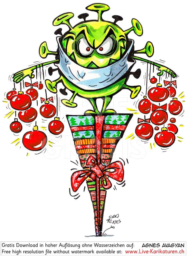 Corona, Covid19, Weihnachten, Christmas, Xmas, Feststage, 24 Dezember, Geschenke, Lametta, Weihnachtsdekoration, lustig, Fun, Character, Cartoon, Comic, Clipart, schwarzweiss, Zeichnung, Illustration, Bild, gratis, Toon, Maske, Maskenpflicht, Virus, Pandemie, Agnes Karikaturen, Unterhaltung, Kunst, Kunsthandwerk, Firmenevent, Geschaeftsessen, Geburtstag, Hochzeit, Firmenevent, Geschenkidee, Hochzeit