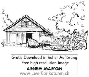 Fluehlenmuehle, Muehlwerk, Mehrmalen, Handmuehle, Ofen, Jean-François Muewly, Erlebnistage, Schulreise, Guemmenen, Pizza backen, Brot backen, Teamevent, Firmenanlass, Geschäftsanlass, Vereinsausflug, Live-Karikaturen, Portraet ab Foto malen, Illustrationen, Agnes Karikaturen