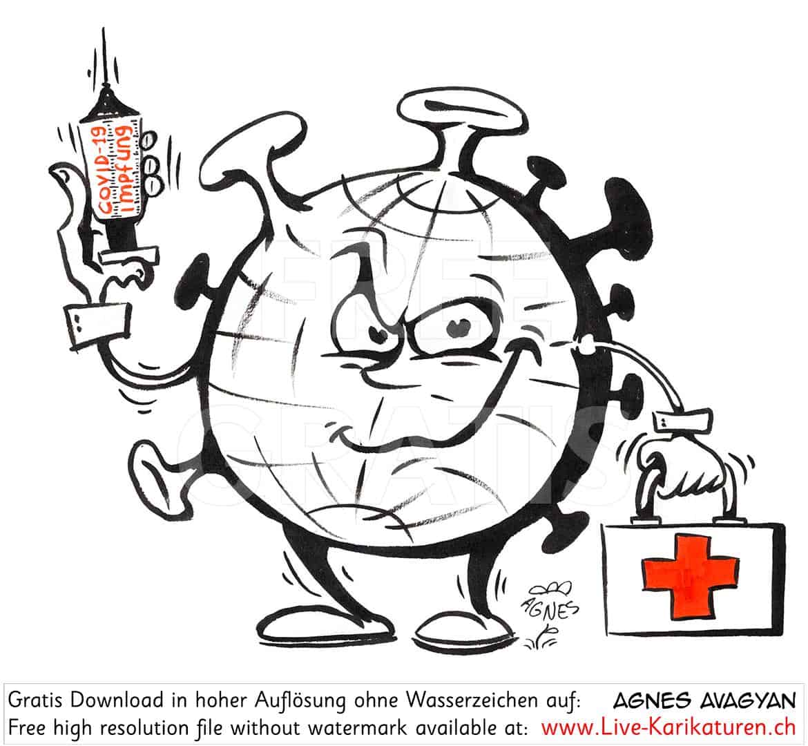 Globus, Erdkugel, Arztkoffer, serioes, Corona, Covid 19, Spritze, Impfung, Virus, Agnes Live-Karikaturen, Clipart, Illustration, Cartoon, Comic, Karikatur, Zeichnung, Download, kostenlos, Gratisbild, Kunst, Kuenstler, Comiczeichner