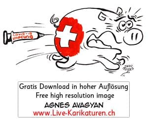 Schwein, Schweizer Flagge, Schweizer Kreuz, Po, piecksen, Schreck, Flucht, lustig, Corona, Covid 19, Spritze, Impfung, Virus, Agnes Live-Karikaturen, Clipart, Illustration, Cartoon, Comic, Karikatur, Zeichnung, Download, kostenlos, Gratisbild, Kunst, Kuenstler, Comiczeichner