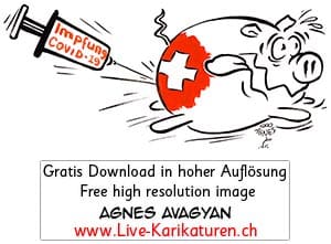 Schweinchen, Schweizer Kreuz, Flagge, wegspringen, Flucht, Angst, Corona, Covid 19, Spritze, Impfung, Virus, Agnes Live-Karikaturen, Clipart, Illustration, Cartoon, Comic, Karikatur, Zeichnung, Download, kostenlos, Gratisbild, Kunst, Kuenstler, Comiczeichner