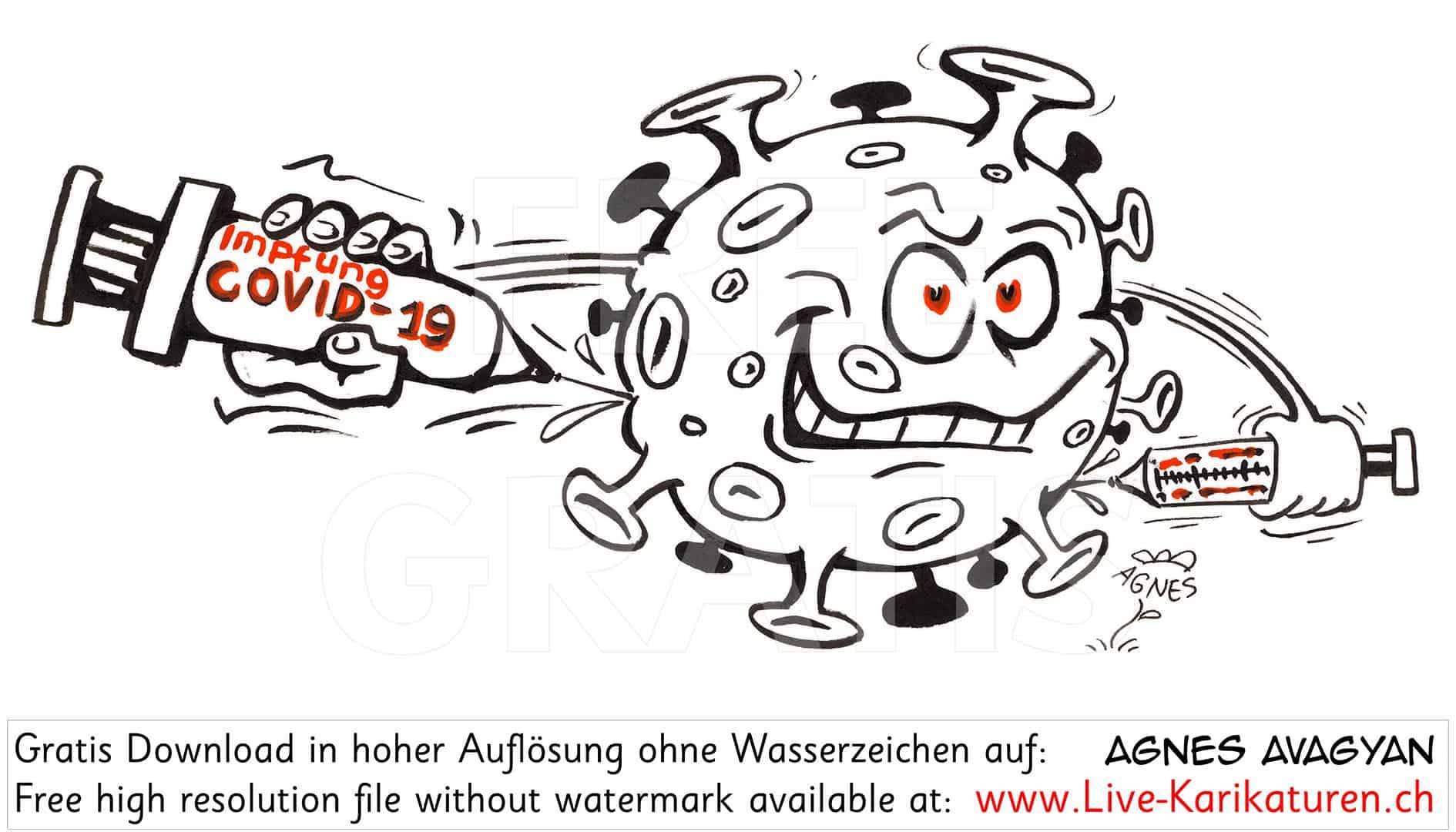 Grinsen, Begeisterung, Corona, Covid 19, Spritze, Impfung, Virus, Agnes Live-Karikaturen, Clipart, Illustration, Cartoon, Comic, Karikatur, Zeichnung, Download, kostenlos, Gratisbild, Kunst, Kuenstler, Comiczeichner