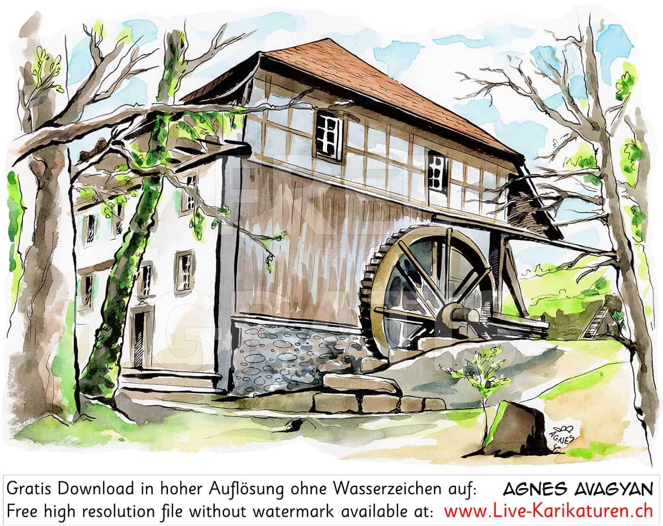 Fluehlenmuehle, Muehlwerk, Mehrmalen, Handmuehle, Ofen, Jean-François Muewly, Erlebnistage, Schulreise, Guemmenen, Pizza backen, Brot backen, Teamevent, Firmenanlass, Geschäftsanlass, Vereinsausflug, Live-Karikaturen, Portraet ab Foto malen, Illustrationen, Agnes Karikaturen
