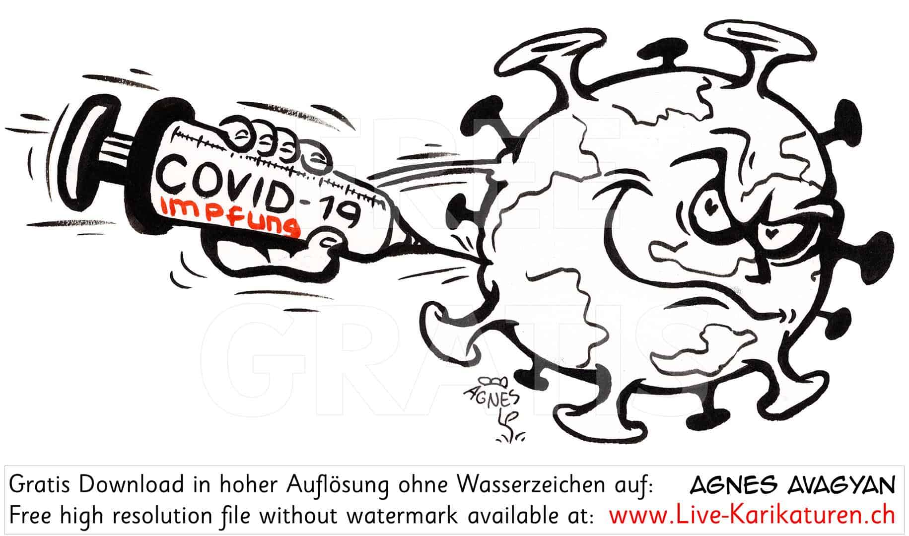 Globus, Erde, Planet, Erdkugel, weltweit, global, Corona, Covid 19, Spritze, Impfung, Virus, Agnes Live-Karikaturen, Clipart, Illustration, Cartoon, Comic, Karikatur, Zeichnung, Download, kostenlos, Gratisbild, Kunst, Kuenstler, Comiczeichner