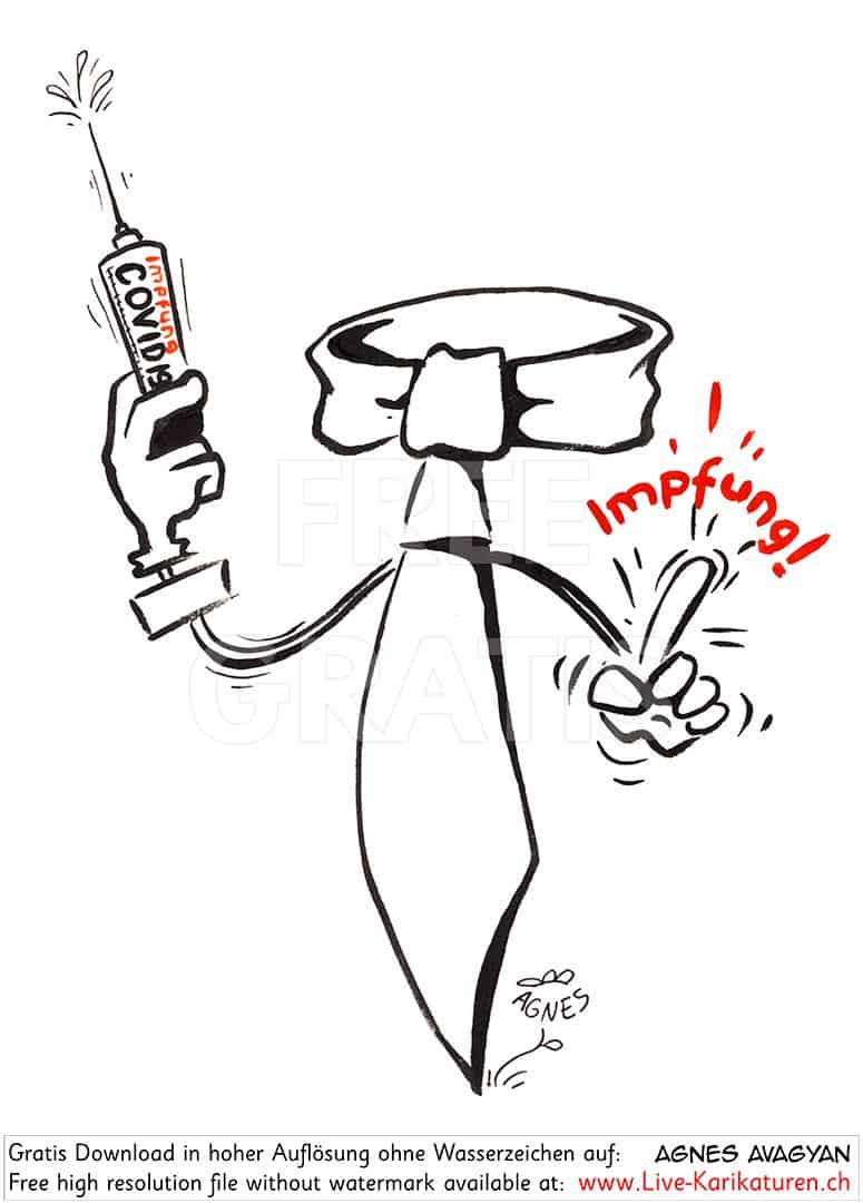 Krawattyan, Krawatte, Hinweis Finger, Corona, Covid 19, Spritze, Impfung, Virus, Agnes Live-Karikaturen, Clipart, Illustration, Cartoon, Comic, Karikatur, Zeichnung, Download, kostenlos, Gratisbild, Kunst, Kuenstler, Comiczeichner